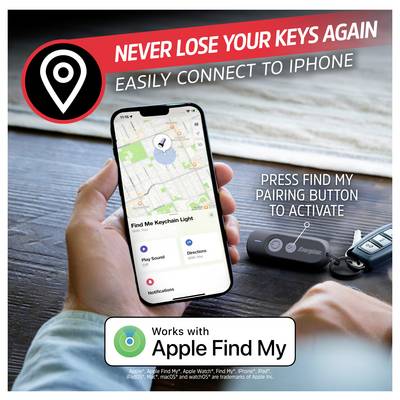 'A hand holding a smartphone displaying a location map. Text reads: 'Never lose your keys again. Easily connect to iPhone.''