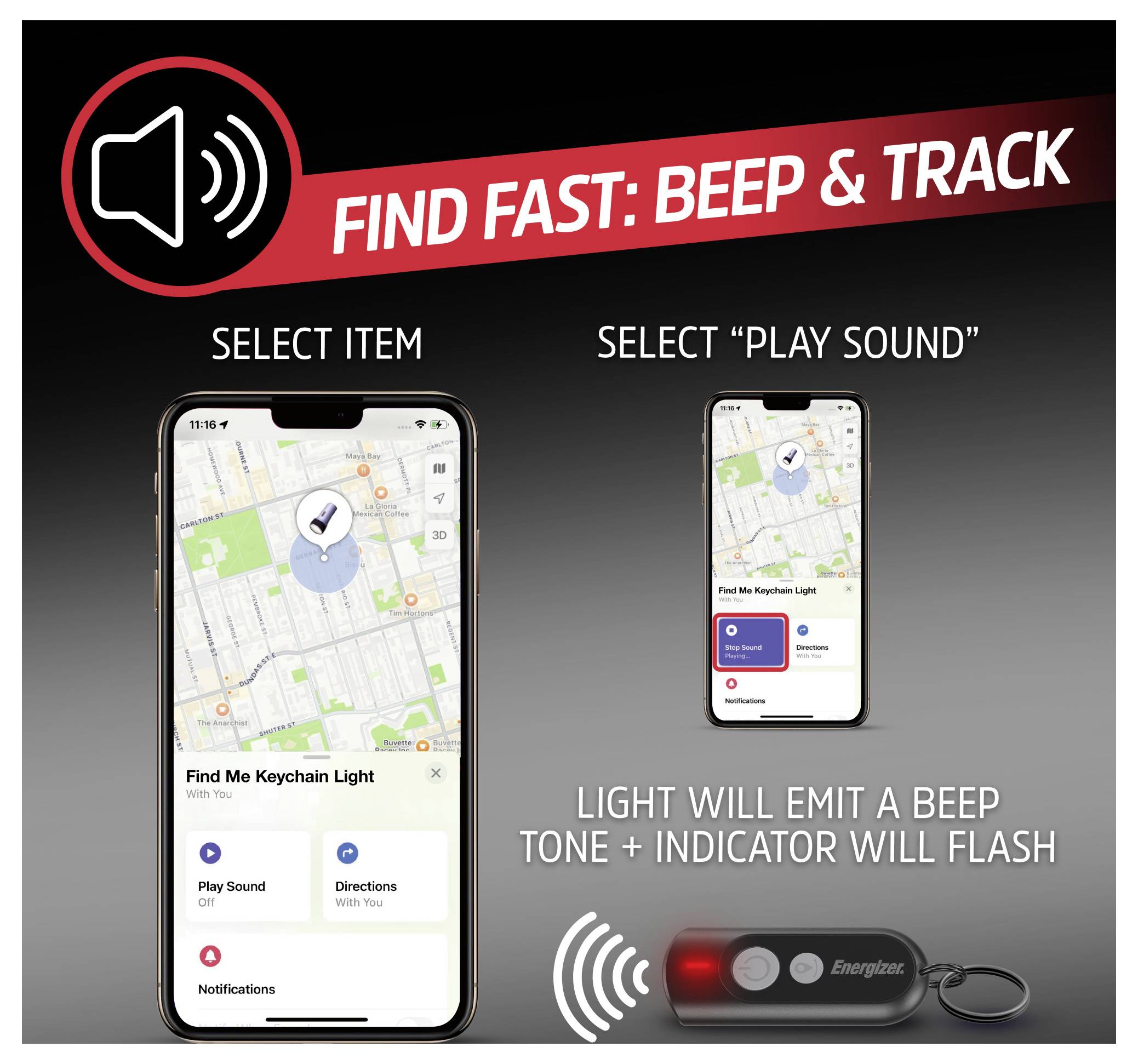 'Find Fast: Beep & Track.' Two smartphones with map apps and a keychain light device. Instructions to select item, play sound, emits beep.