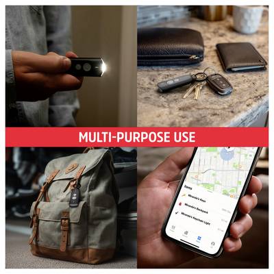 'Multi-purpose use' image showing a keychain with keys and remote, a backpack, and a smartphone with a map app, highlighting versatility.