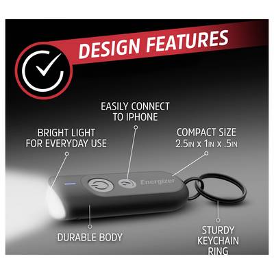 'Energizer' flashlight keychain features: bright everyday light, compact 2.5x1x0.5in size, durable body, keychain ring, iPhone connector.