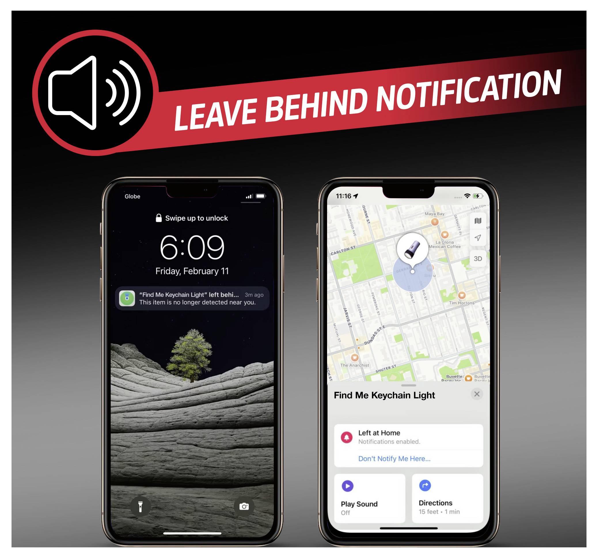 Two smartphones show a 'Leave Behind Notification'; one displays the alert, the other shows a map with a keychain's location.