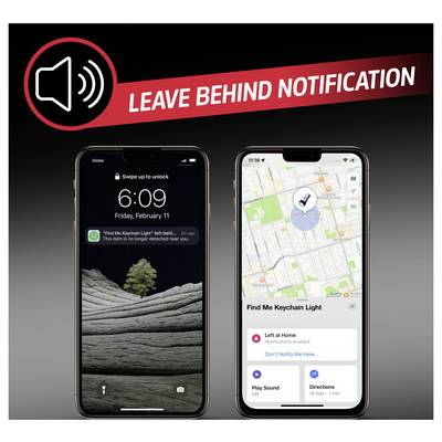 Two smartphones show a 'Leave Behind Notification'; one displays the alert, the other shows a map with a keychain's location.