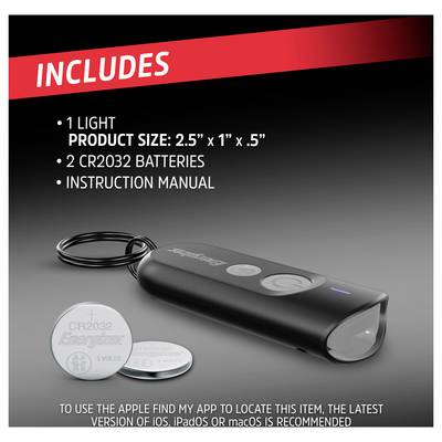 'Includes: 1 light, product size: 2.5" x 1" x .5", 2 CR2032 batteries, instruction manual. Latest iOS, iPadOS, macOS needed.'