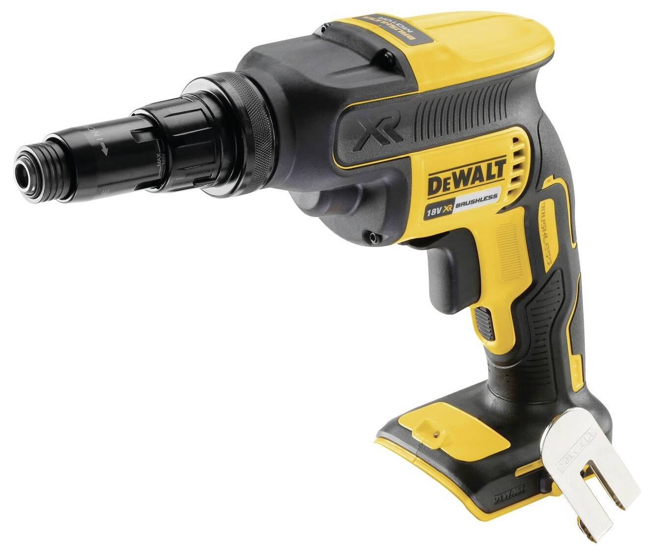 A cordless electric screwdriver with a black and yellow design, featuring branding on the side. It has a compact, ergonomic shape.