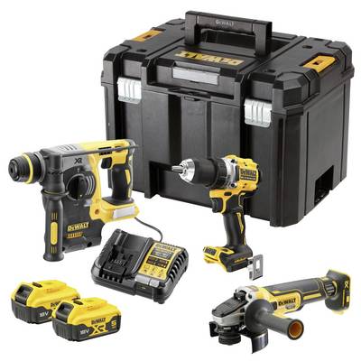 A DeWalt power tool kit includes a drill, impact driver, angle grinder, battery charger, two batteries, and a carrying case.