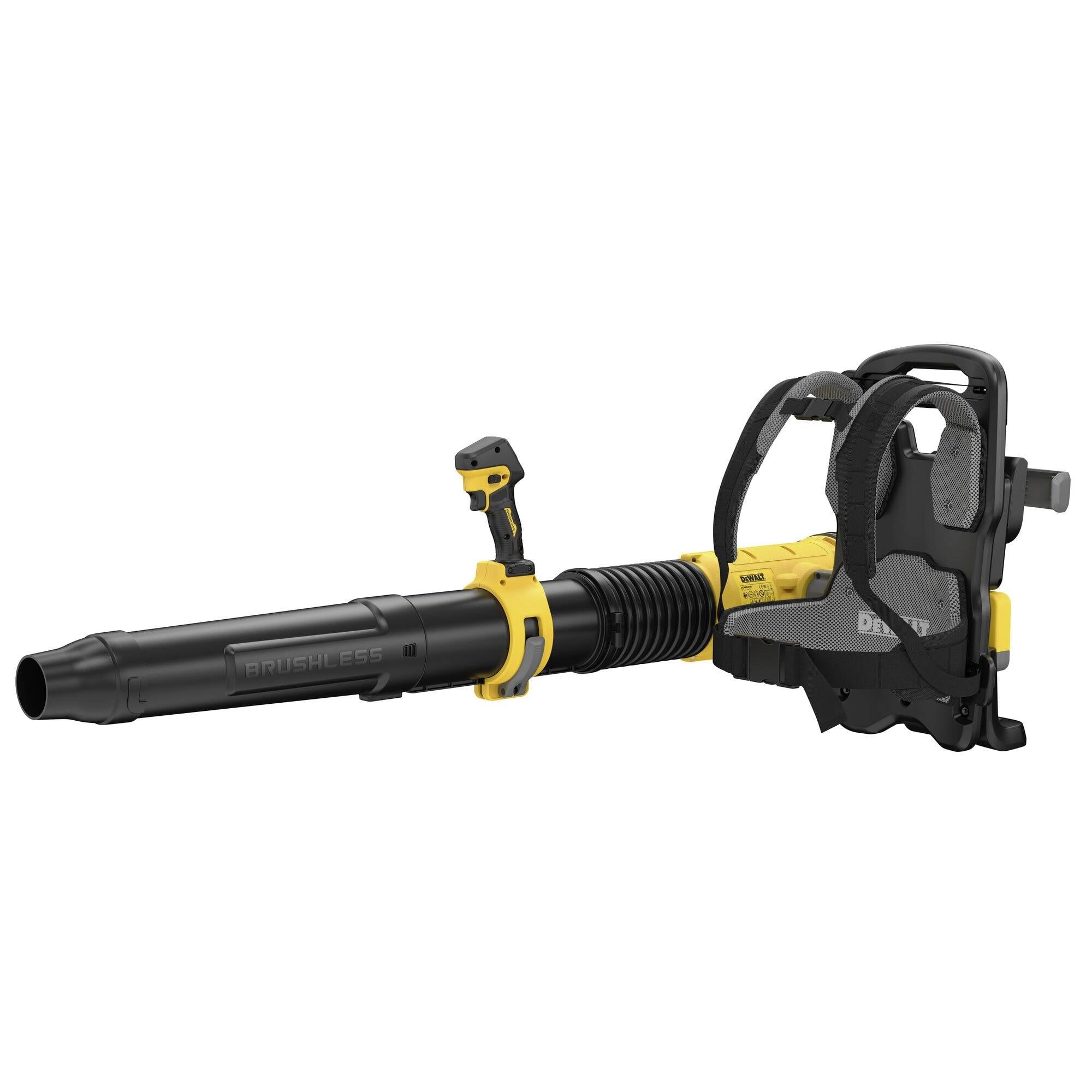 A cordless leaf blower with a black and yellow design, featuring an ergonomic handle and battery pack, used for clearing leaves and debris outdoors.