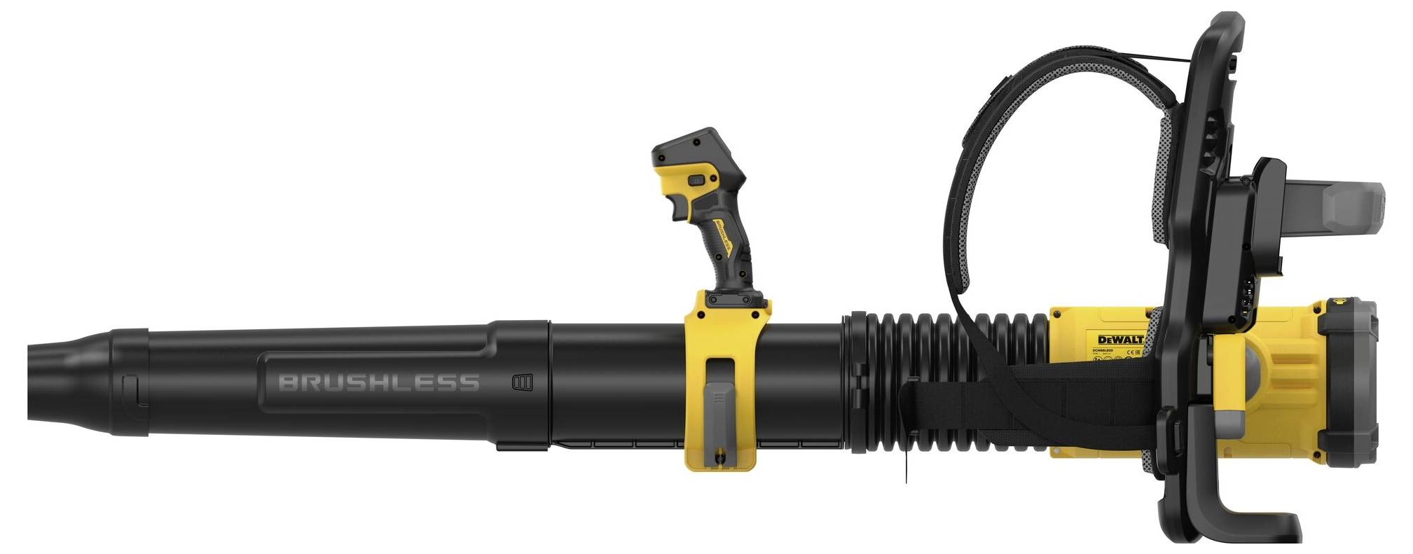 A black and yellow brushless leaf blower with a handle and adjustable nozzle, designed for outdoor use in landscaping and lawn maintenance.