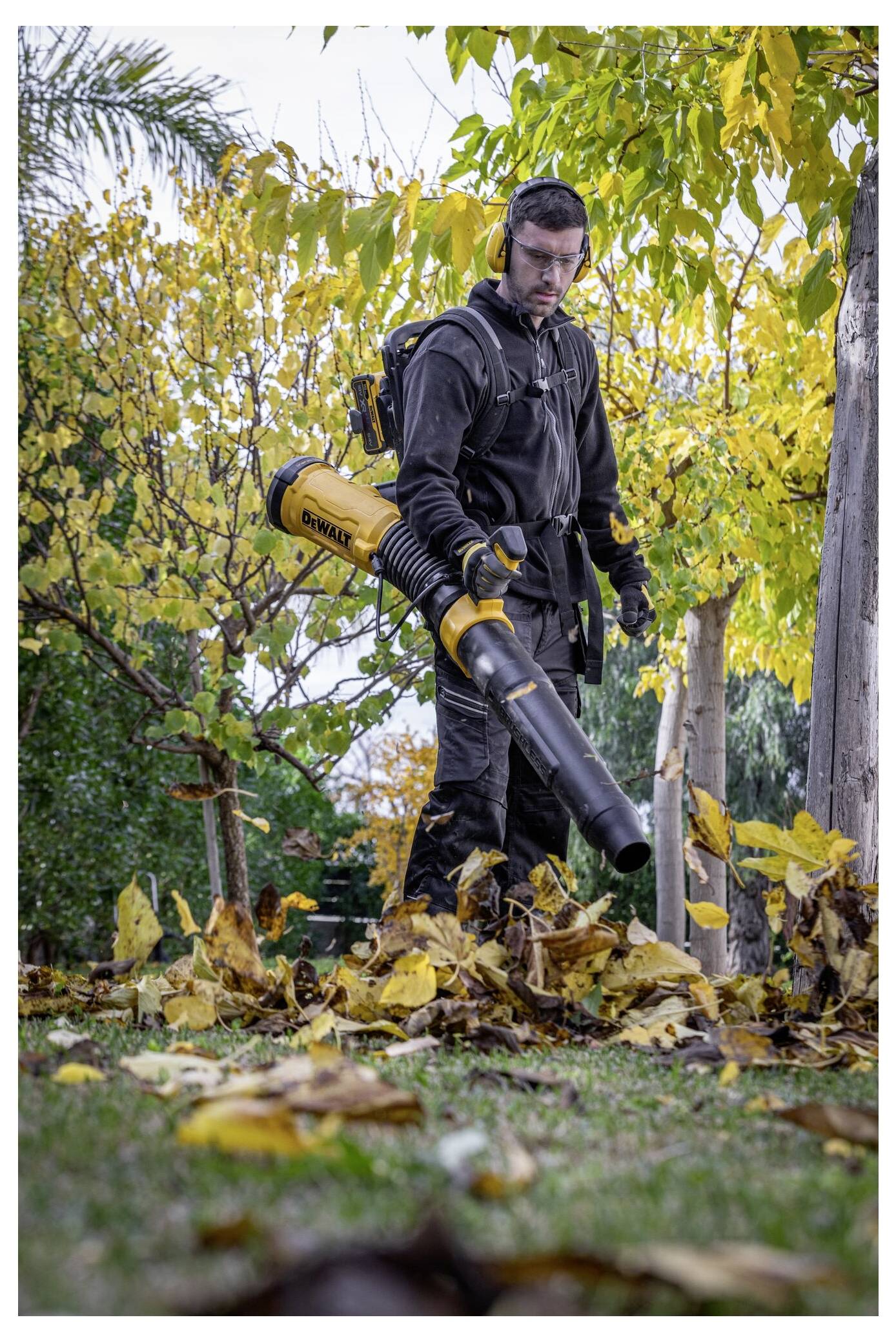 A person in work attire uses a leaf blower to clear fallen leaves in a park with autumn trees in the background.