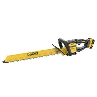 A yellow and black cordless hedge trimmer with the brand name 'DeWalt' on the blade guard and side, featuring a long blade and ergonomic grip.