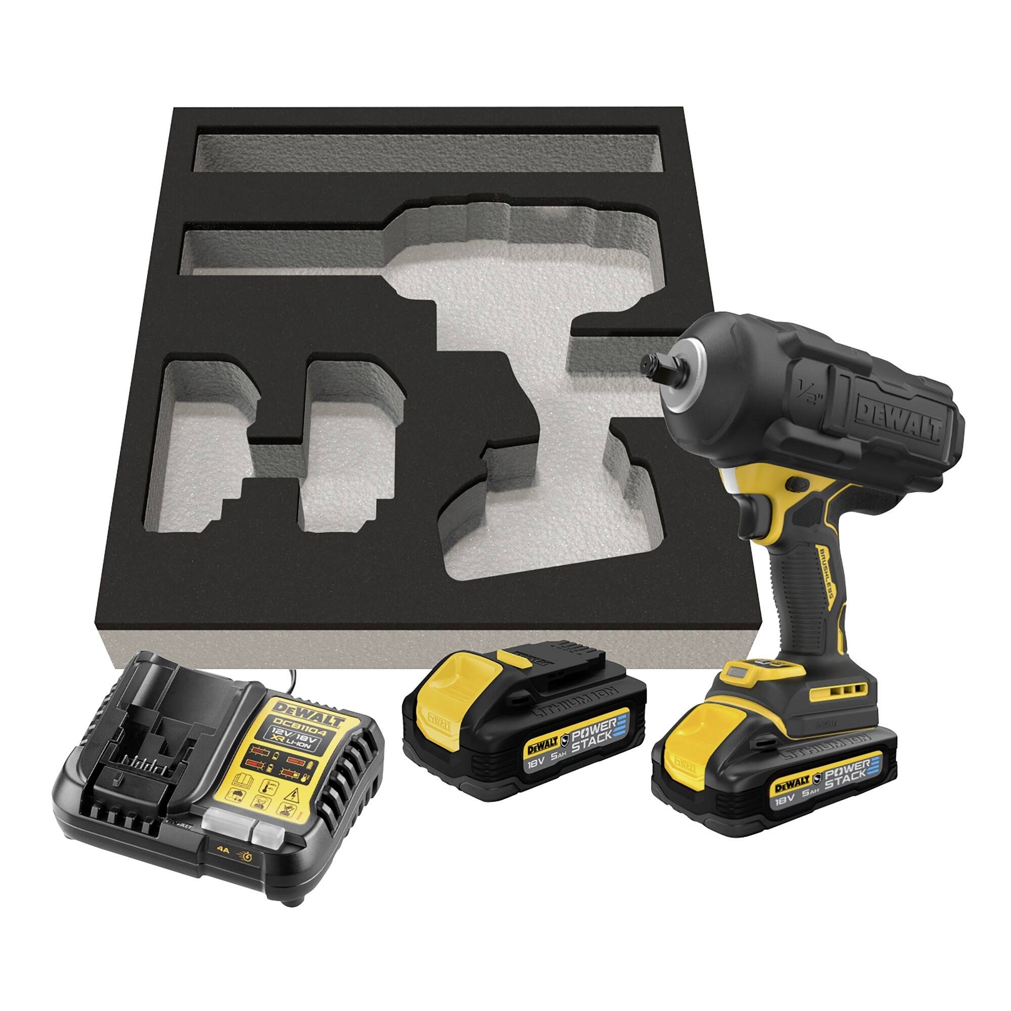 A yellow and black power tool set includes an impact wrench, charger, two batteries, and a foam insert for storage.