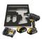 A yellow and black power tool set includes an impact wrench, charger, two batteries, and a foam insert for storage.