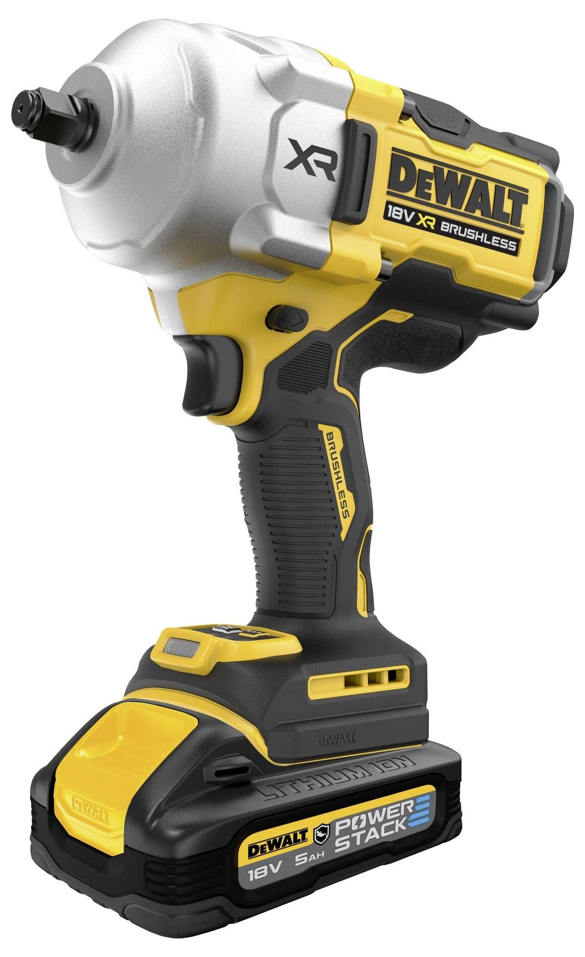 A yellow and black Dewalt 18V XR brushless impact wrench with a Power Stack battery, featuring ergonomic design and branding.