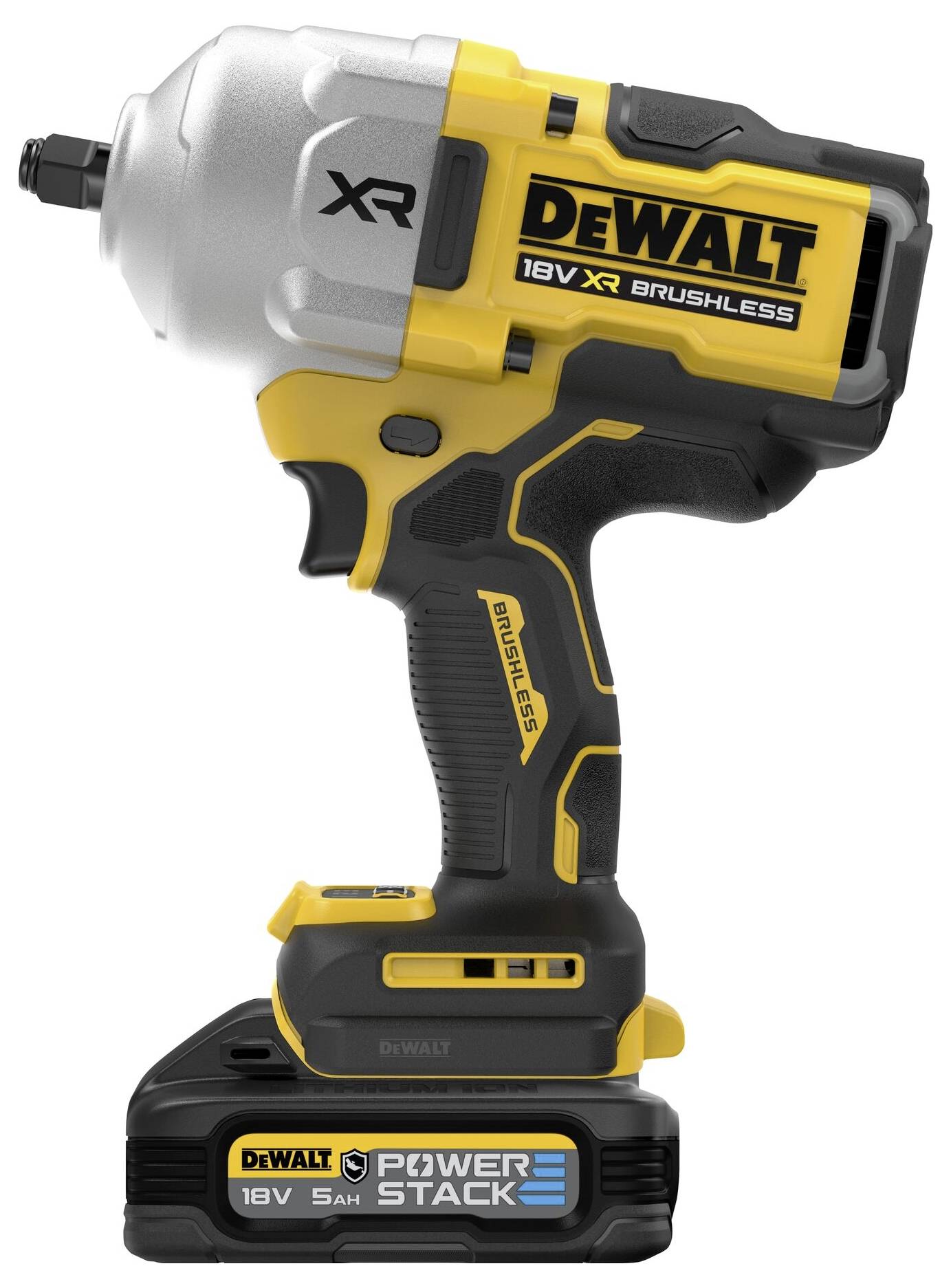 'DEWALT 18V XR Brushless Impact Driver' showing side view with 'Power Stack' battery attached, featuring brand logo and tool details.