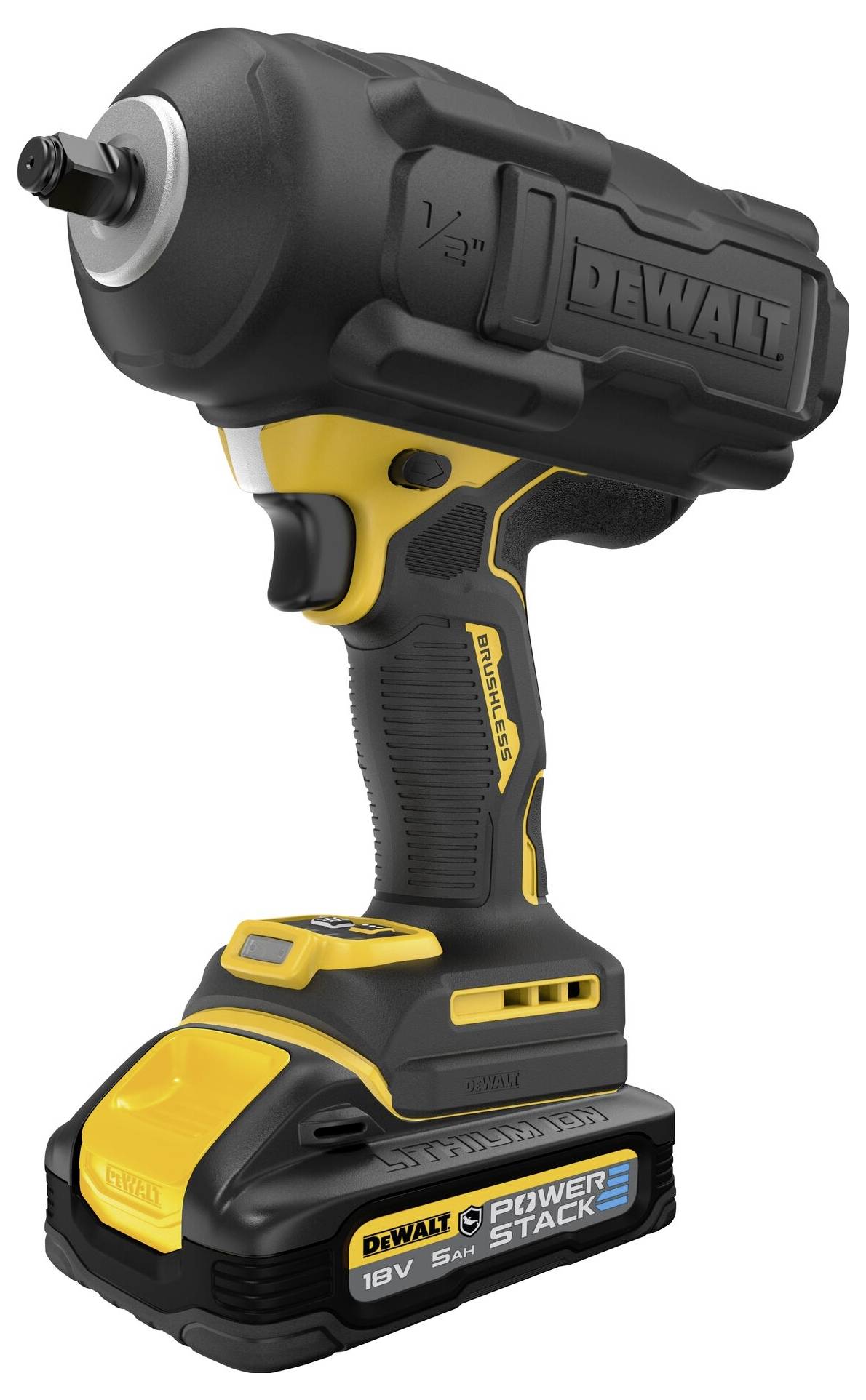 A black and yellow cordless impact wrench with a DEWALT logo, featuring an 18V battery and ergonomic grip design.