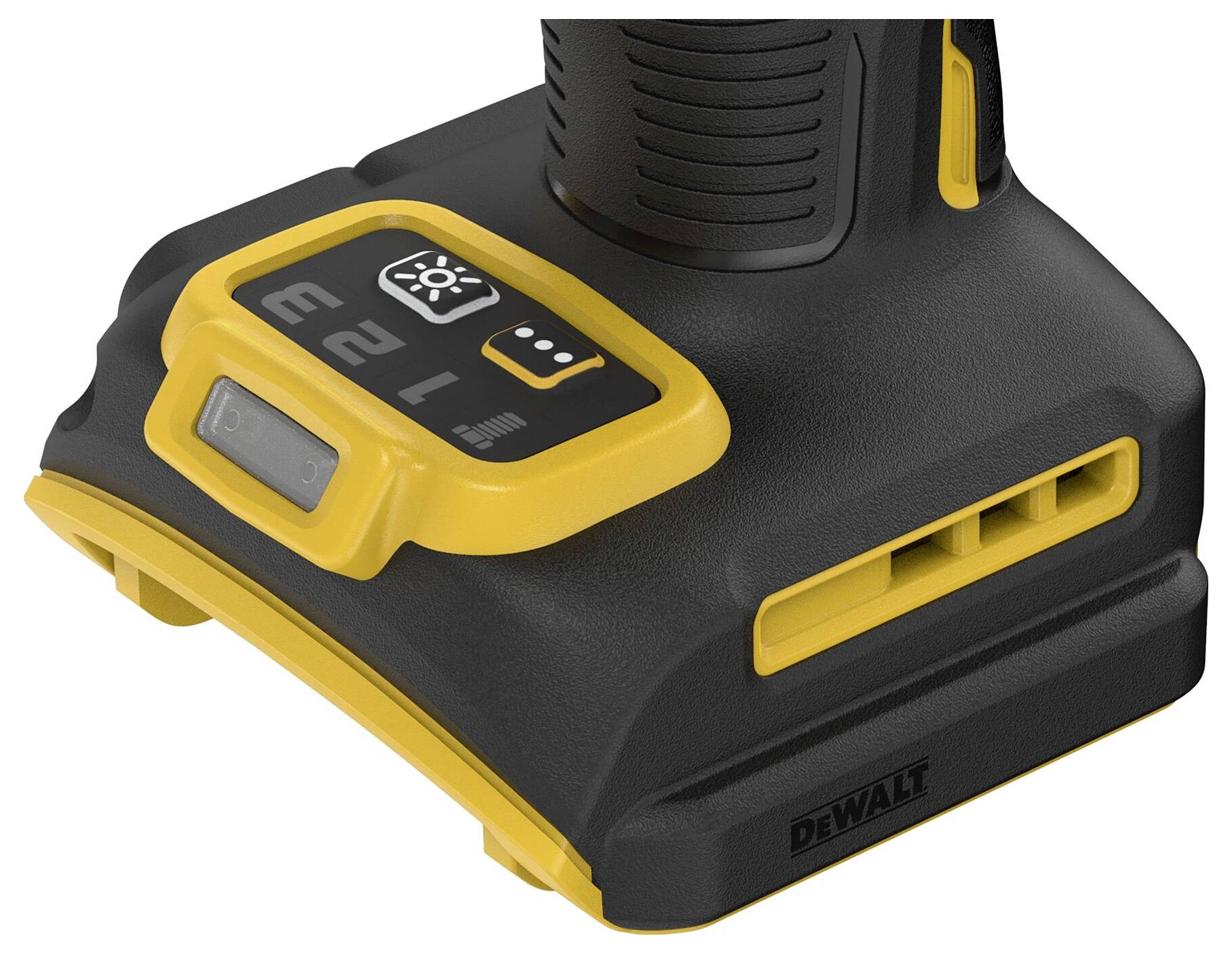 A close-up of a Dewalt power tool base showing control buttons for speed settings and power indicator, with a yellow and black design.