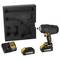 A cordless impact wrench set with battery and charger next to a foam case with cutouts for storage.