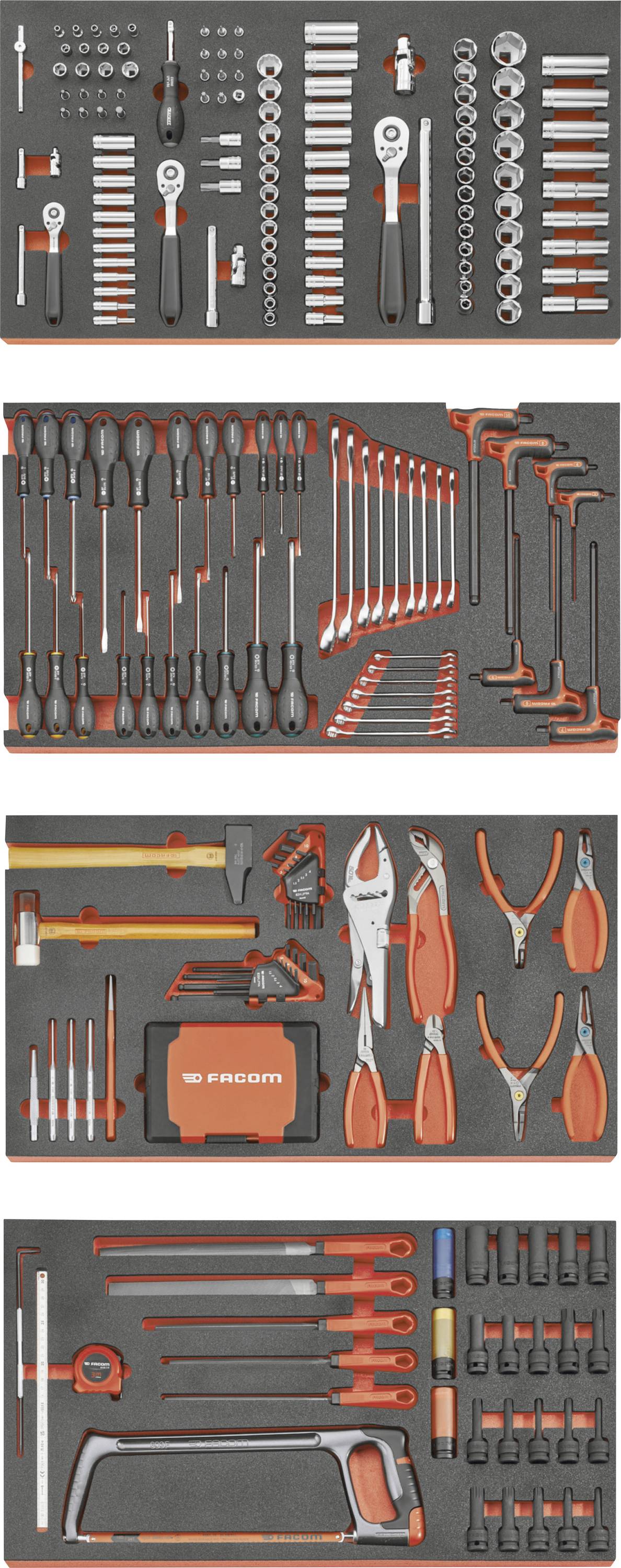 Four stacked panels showing a bright orange and black tool set laid out on a dark background, including wrenches, sockets, screwdrivers, pliers, hammers, saw, and cases.