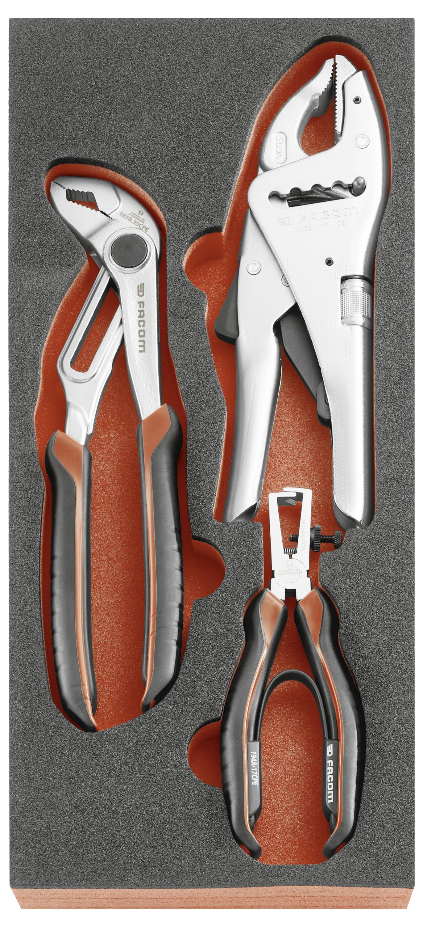 Three insulated hand tools in a molded case: a utility knife, locking pliers, and wire cutter/pliers.