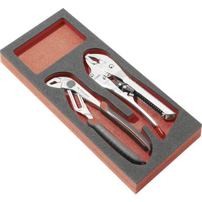 Two locking pliers in a foam-lined orange tool case, one adjustable and one long-nose style.