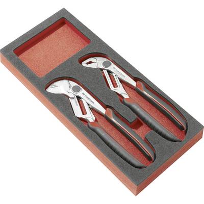 Two adjustable pliers in a foam-lined tool tray with an empty slot for another tool.