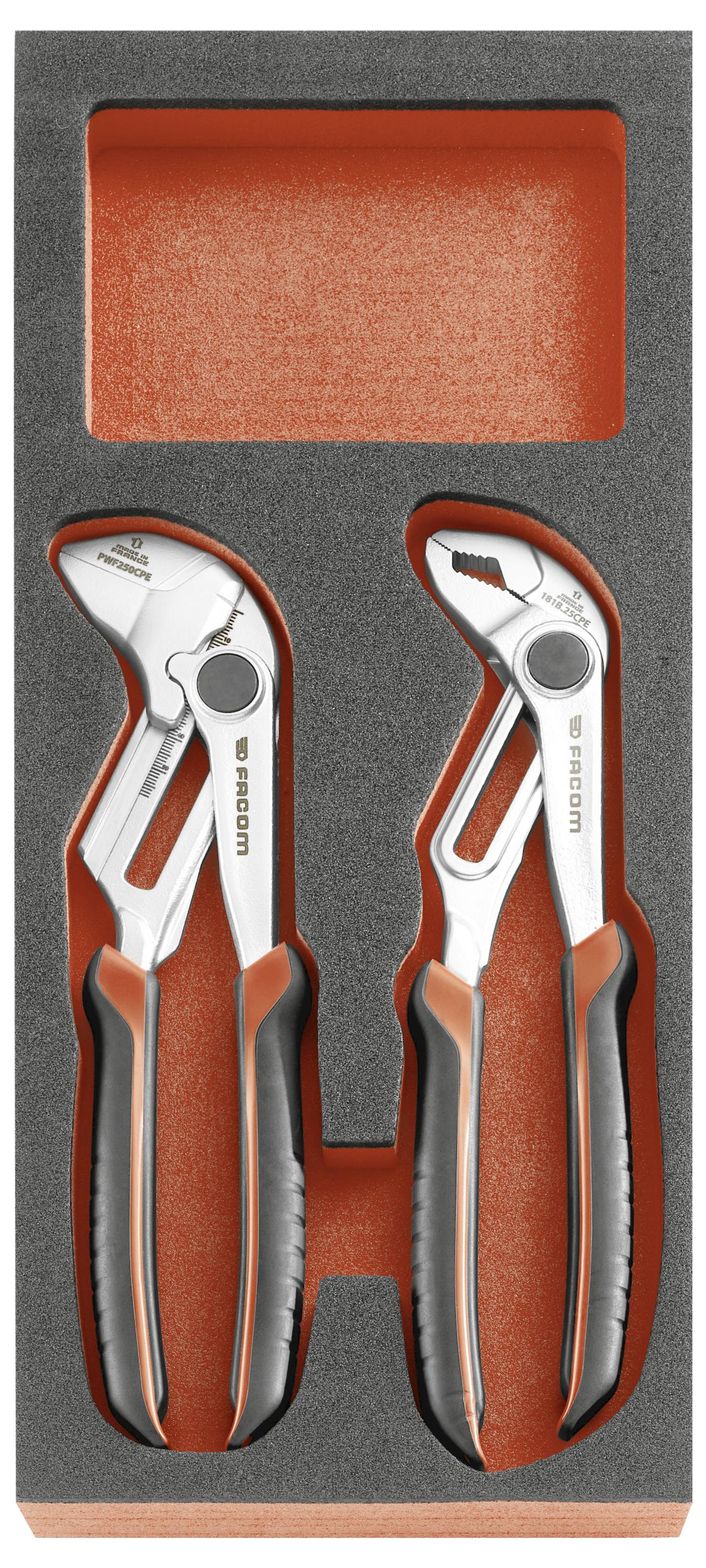 Foam insert holding two orange-and-silver hand tools, likely pliers, in a presentation case with an empty slot at the top.