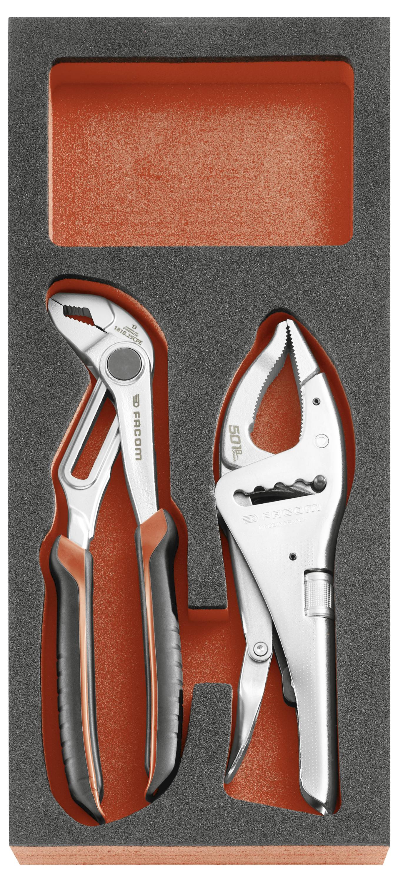 Two metal locking pliers in a foam-lined orange and gray tool case, shown neatly fitted in cutout compartments.