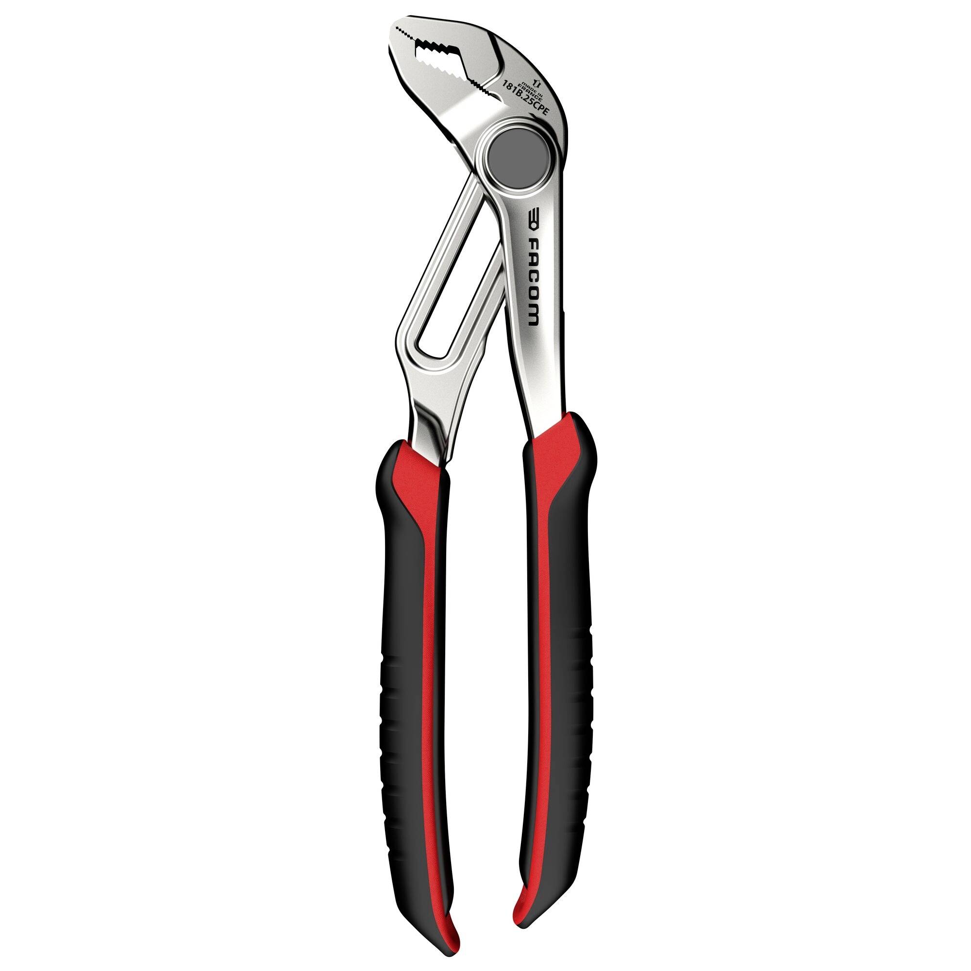 Adjustable pliers with black and red insulated handles, suitable for gripping and turning various objects in mechanical tasks.