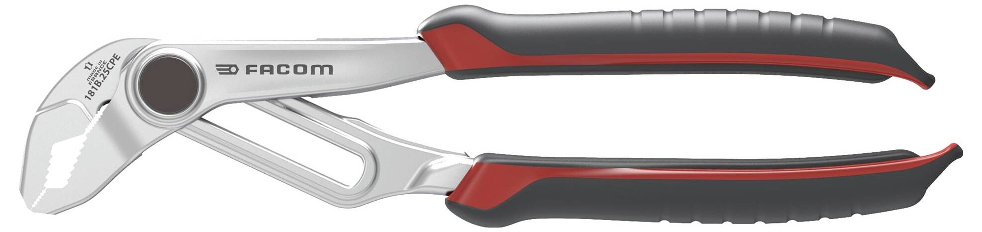 Adjustable wrench with black and red rubber grips, silver metallic finish, labeled 'FACOM' near the hinge.