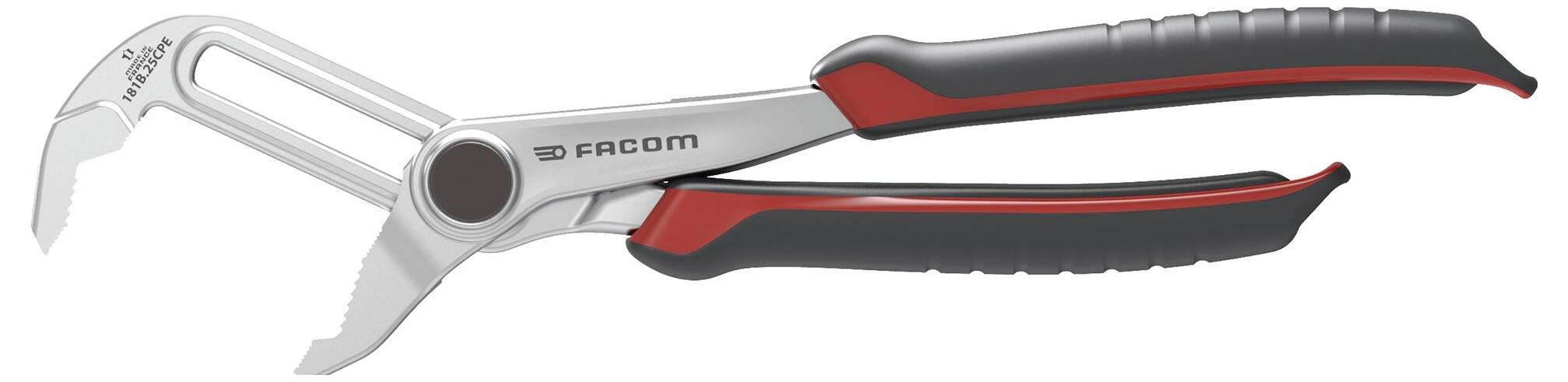 Adjustable pliers with black and red handles, used for gripping and turning items, on a plain background.