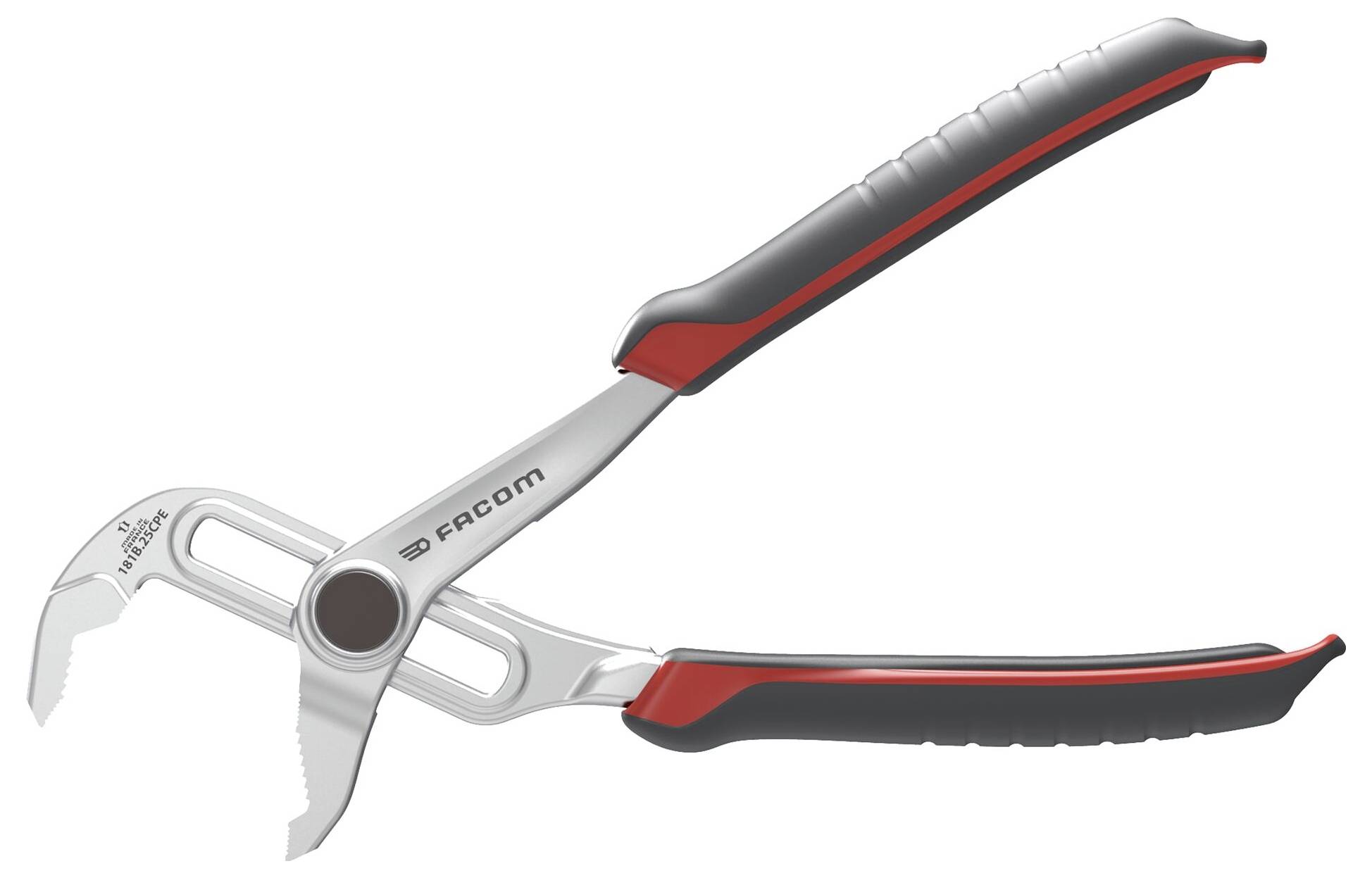 Adjustable pliers with black and red handles manufactured by Facom, featuring a silver metallic finish and serrated jaws.