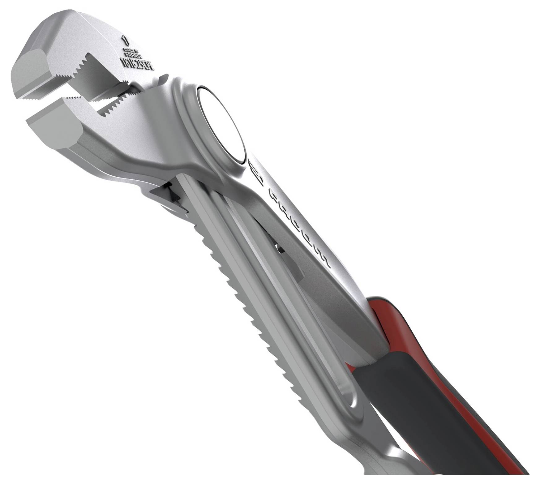 'Wrench' logo wrench with adjustable jaws and black-red handle, featuring a unique jaw design and ergonomic grip for enhanced control.
