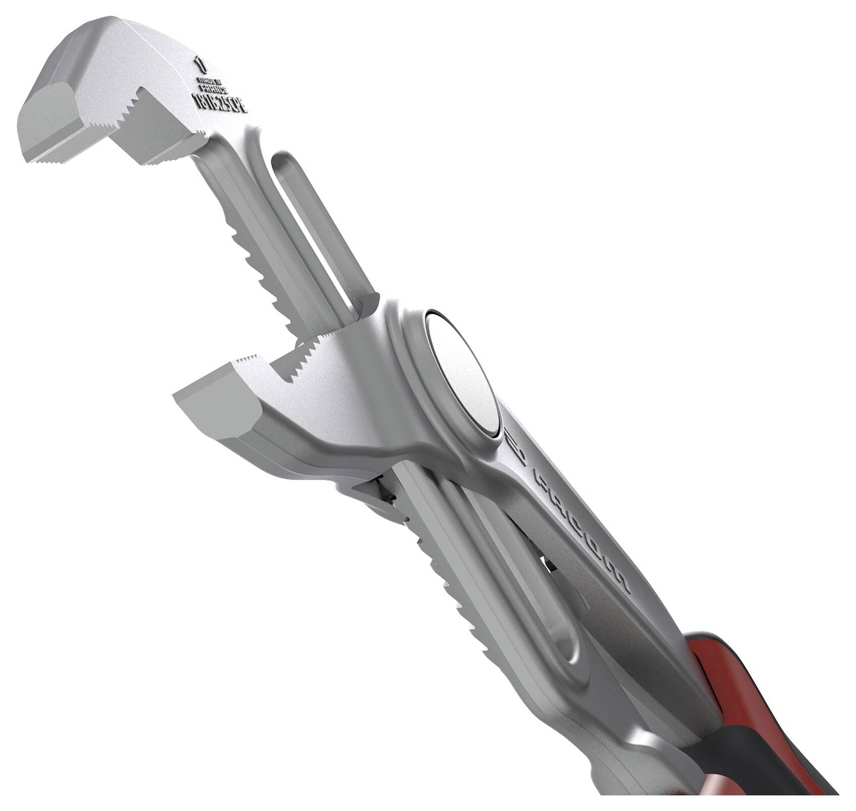 Adjustable metal wrench with a wide, jagged grip and ergonomic handle, designed for tightening or loosening nuts and bolts.