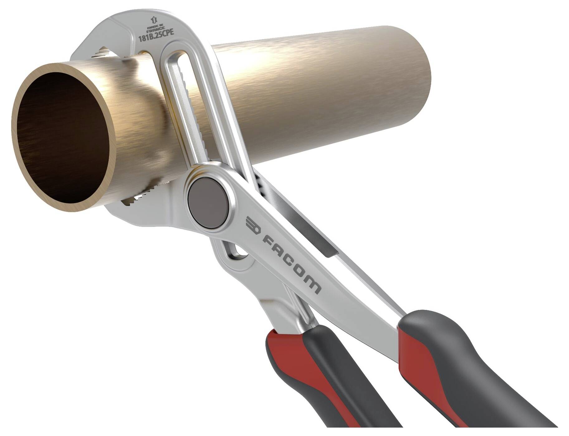 Adjustable wrench gripping a copper pipe, demonstrating its use in plumbing or construction tasks. Handles feature red and black grips.