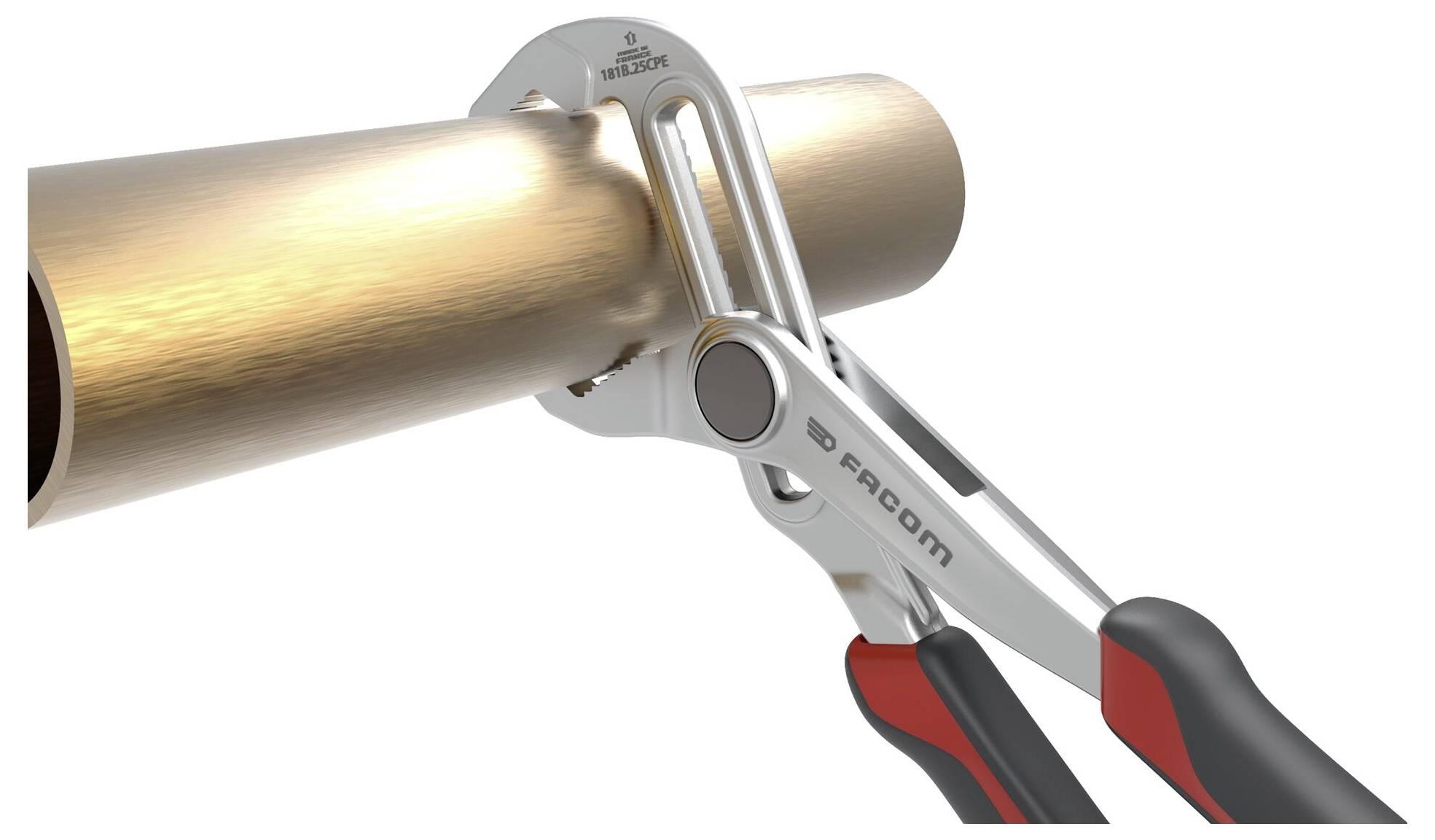 Wrench grips a copper pipe, showing a close-up of the tool in use. The tool has red and black handles with a metallic finish.