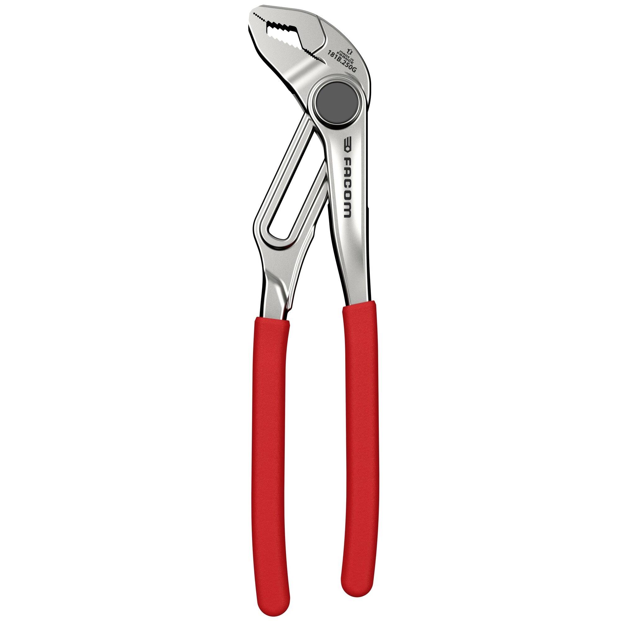 A steel adjustable wrench with red rubber grips, designed for gripping and turning objects with various jaw positions.