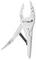 A silver locking plier with a curved jaw, featuring an adjustment screw and release lever handle, positioned upright against a white background.