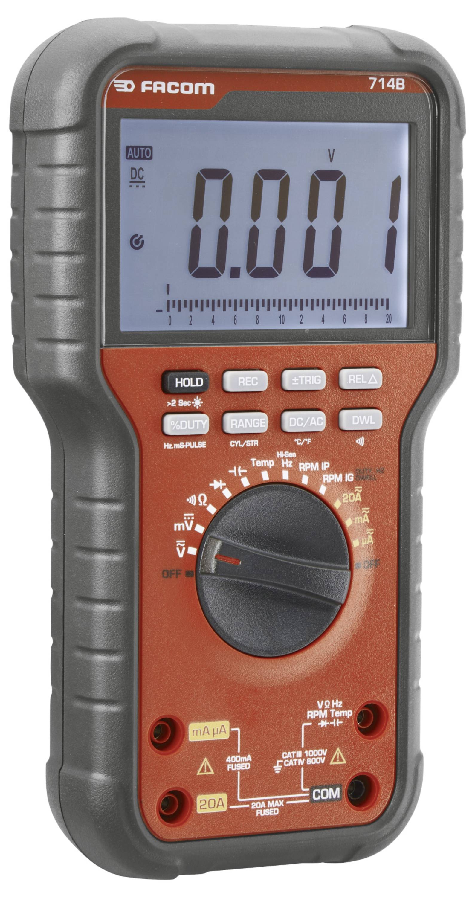 Handheld digital multimeter showing 0.001 V, with rotary selector and test lead ports visible.