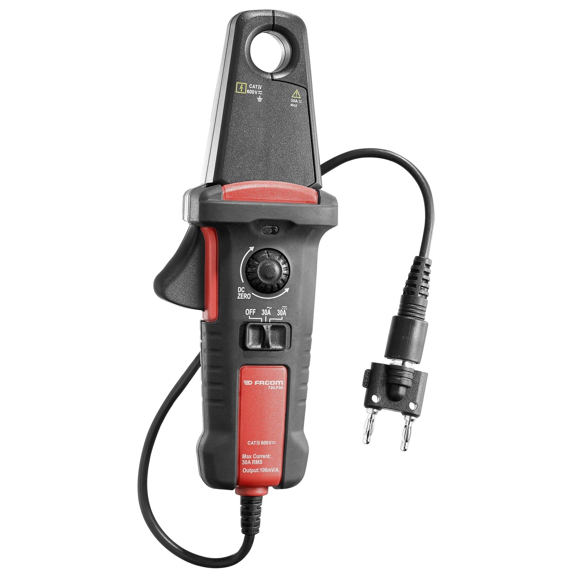A black and red clamp meter with measurement dial and attached probe, used for measuring electrical current and voltage.