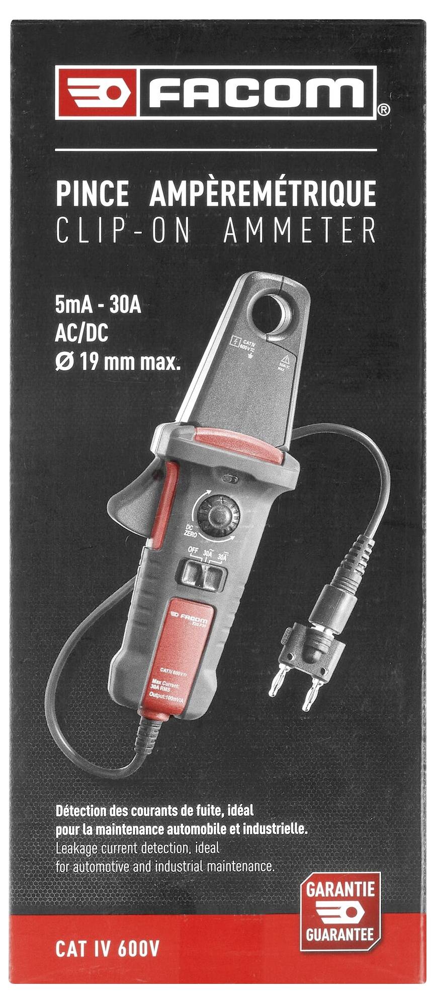 'FACOM Clip-On Ammeter: 5mA-30A AC/DC, ⌀ 19mm max, CAT IV 600V. Designed for electrical maintenance with quality guarantee.'