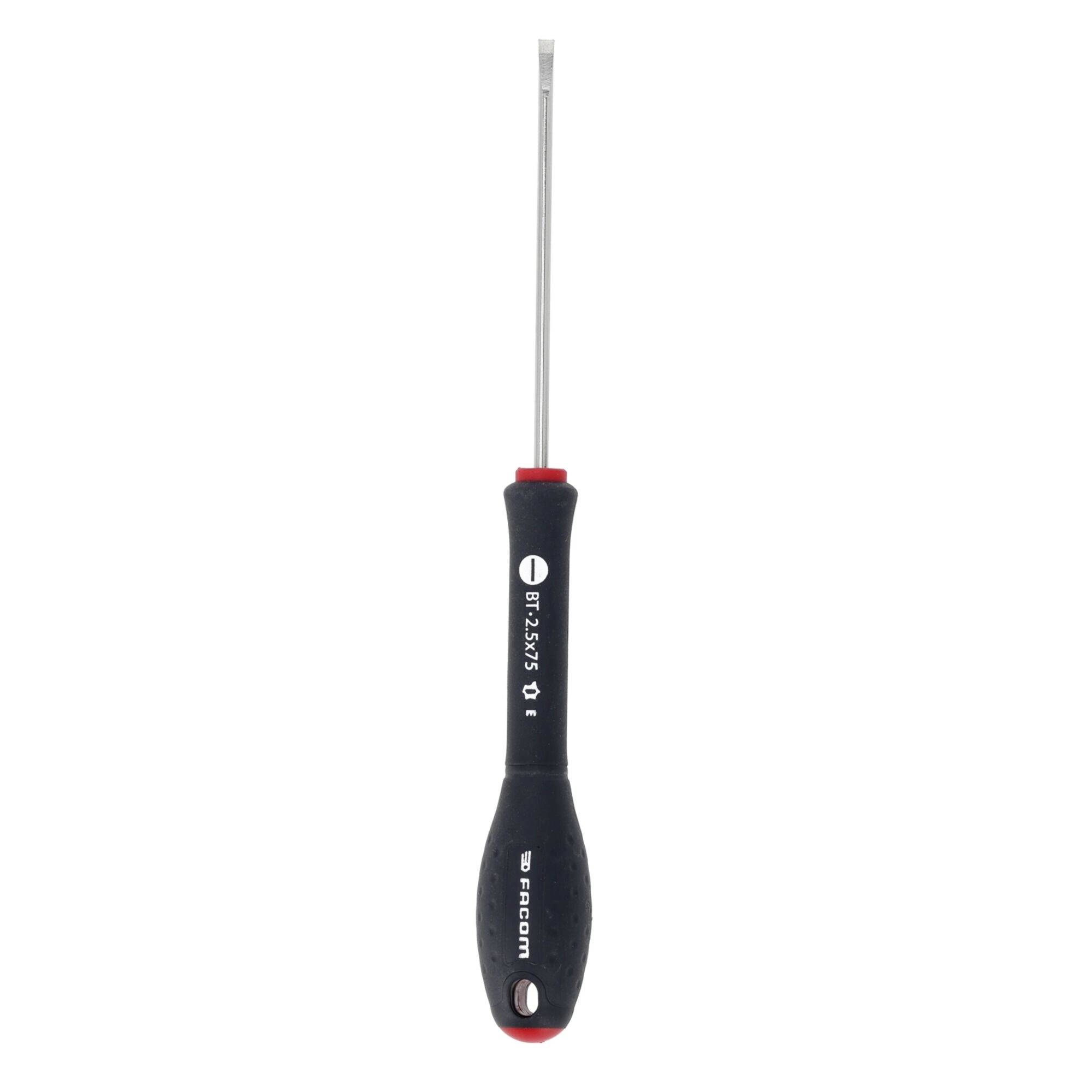A black-handled flathead screwdriver with a red tip is displayed vertically, showing a metal shaft and brand markings on the handle.