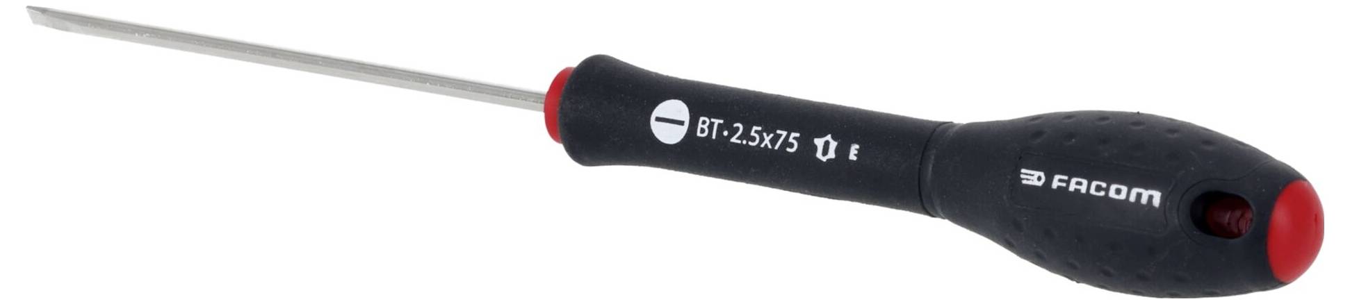 A flathead screwdriver with a black and red handle, branded 'FACOM,' indicating size '2.5x75'.