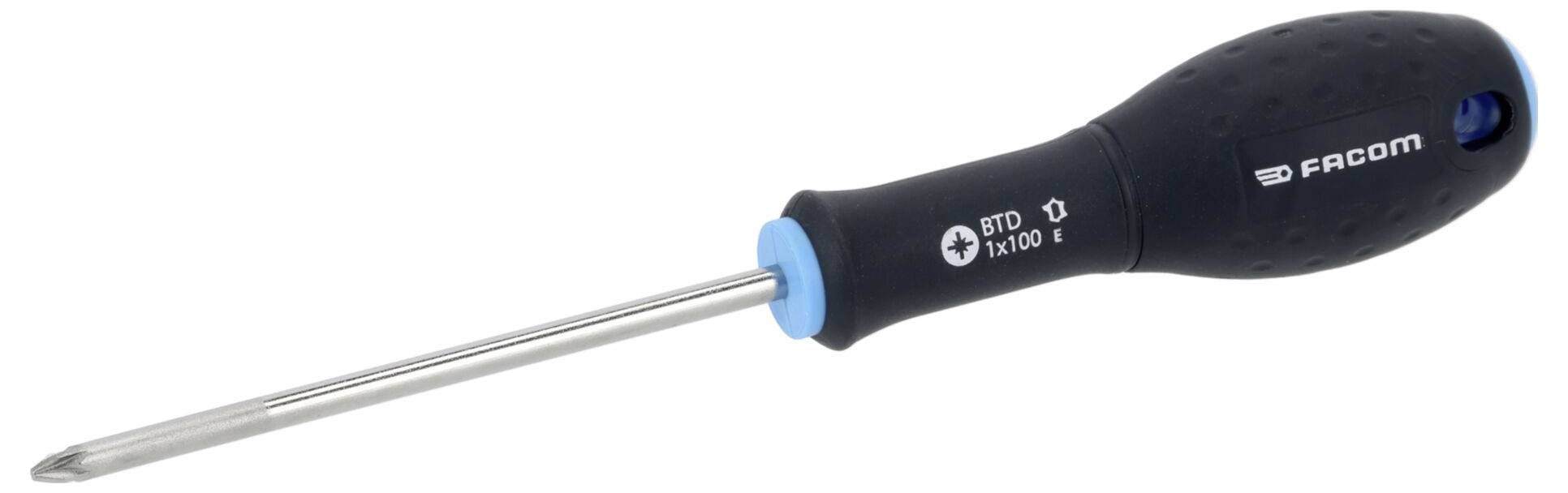 A black-handled Phillips screwdriver with a blue accent and 'FACOM' branding.