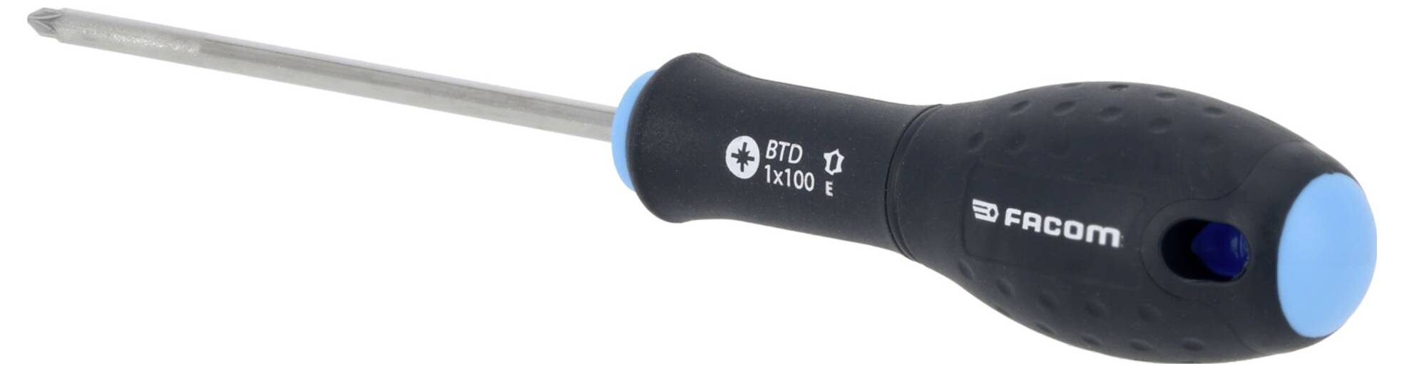 A screwdriver with a black handle featuring a blue tip and grip texture, labeled 'FACOM BT0 x 100' on the handle.