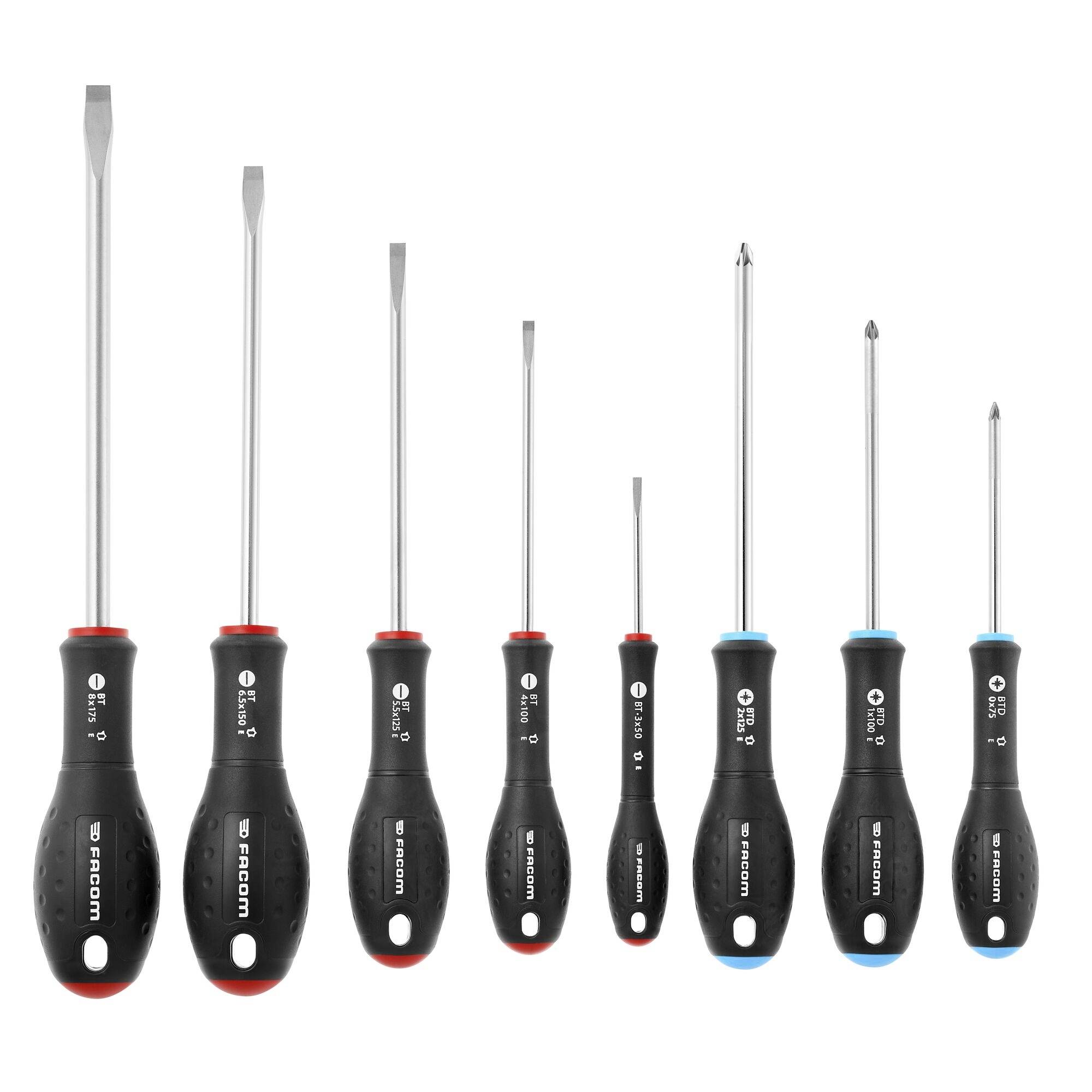 'A set of eight screwdrivers with different head shapes and sizes, each with a black handle and brand name, aligned in a row.'
