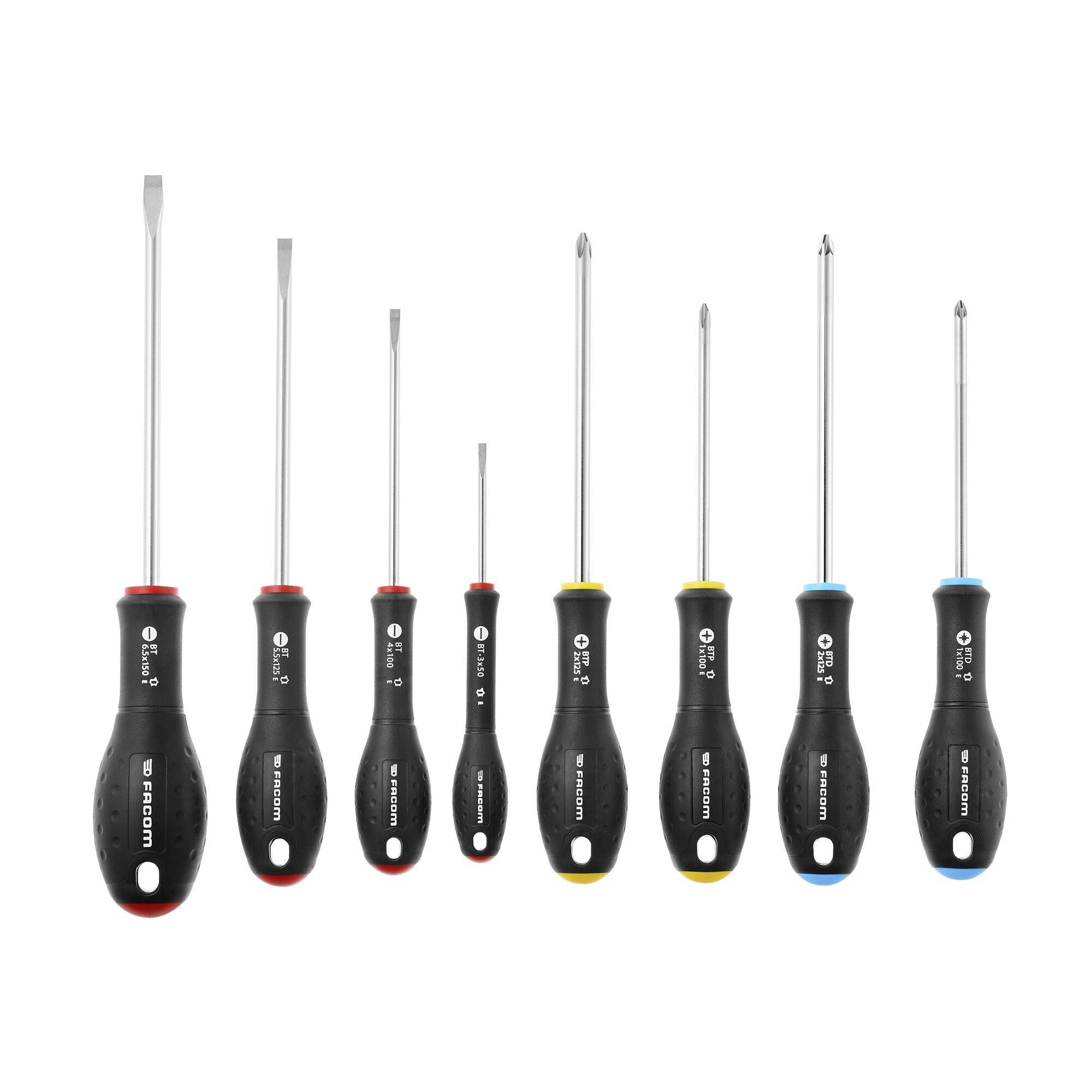 Assorted screwdrivers in various sizes and types, including flathead and Phillips, with black handles and colored tips for differentiation.