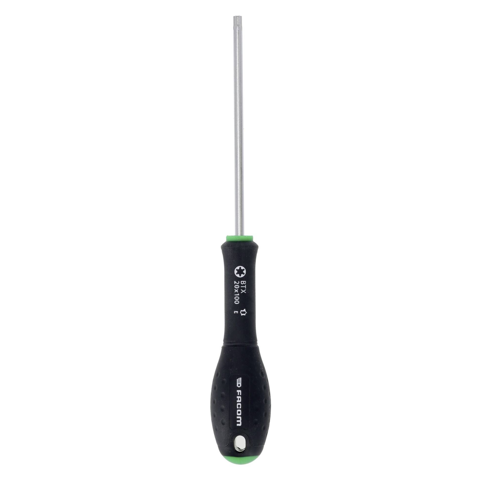 A black-handled screwdriver with a long metal shaft. The handle features brand markings and a green accent.