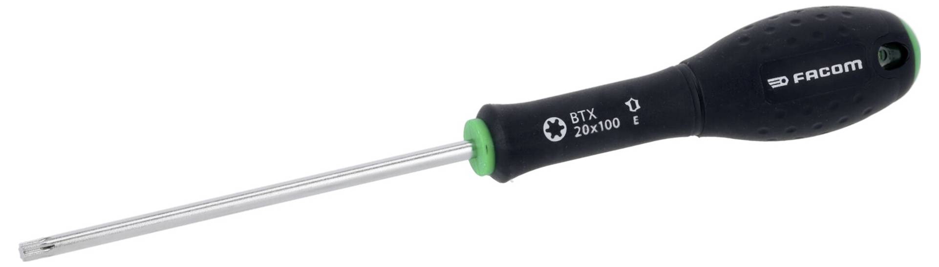 A black-handled screwdriver with a silver shaft, branded 'Facom', showing size 'BTX 20x100', designed for precision tasks.