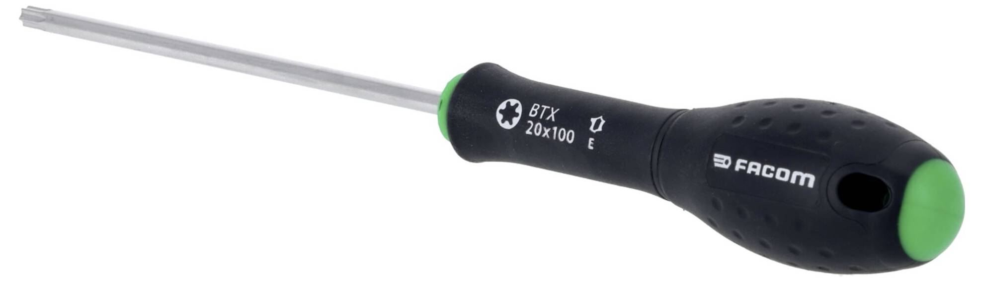 A black-handled screwdriver with a green tip, showing brand logo and size markings: '37X 20x100'.