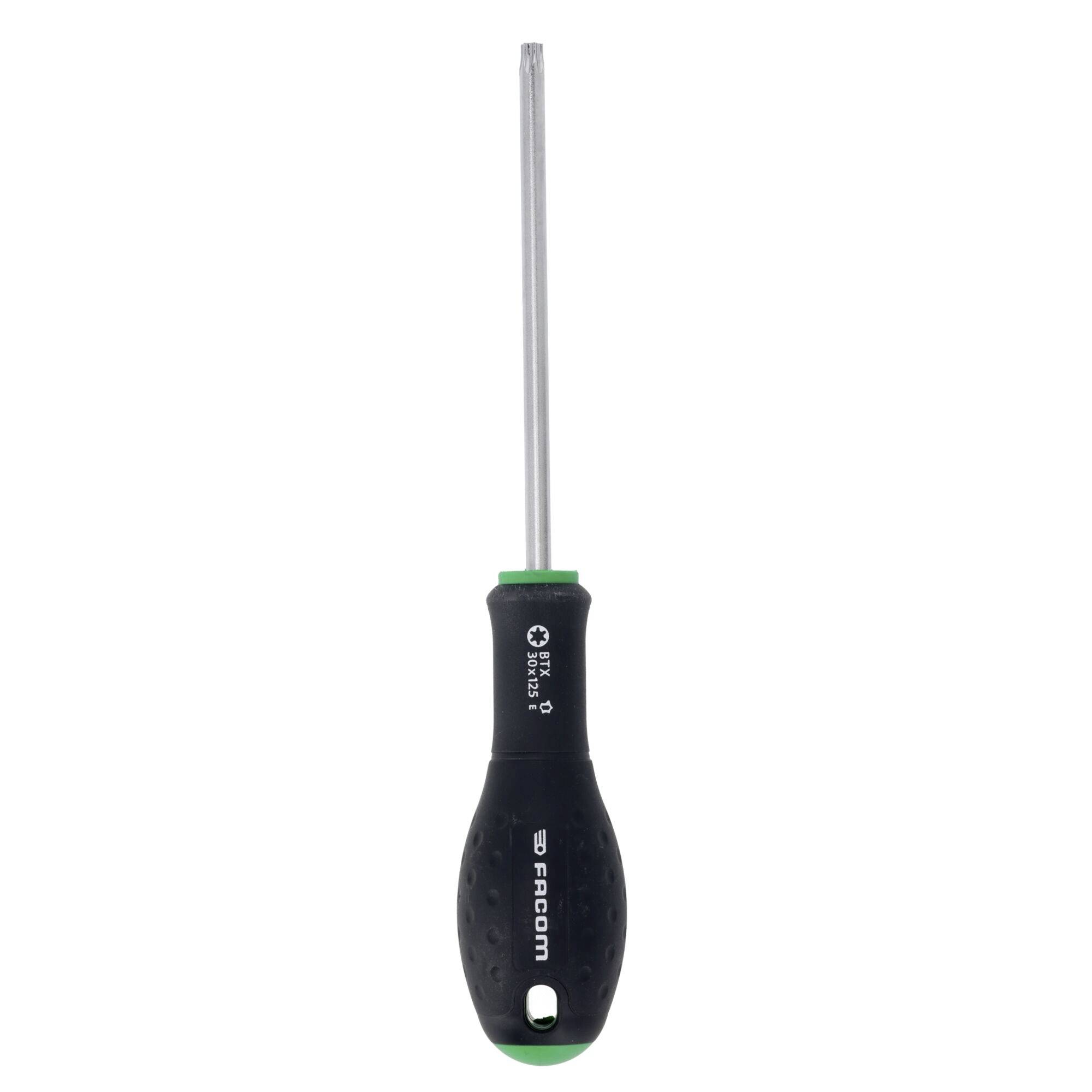 A screwdriver with a black handle and green accents, featuring a star-shaped tip. Suitable for Torx screws and precision work.