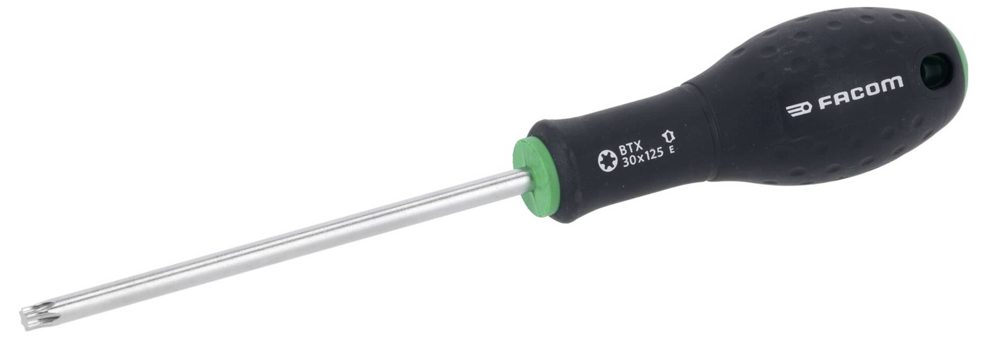 A black and green screwdriver with a textured handle, a long metal shaft, and a Torx head, labeled with 'Facom'.